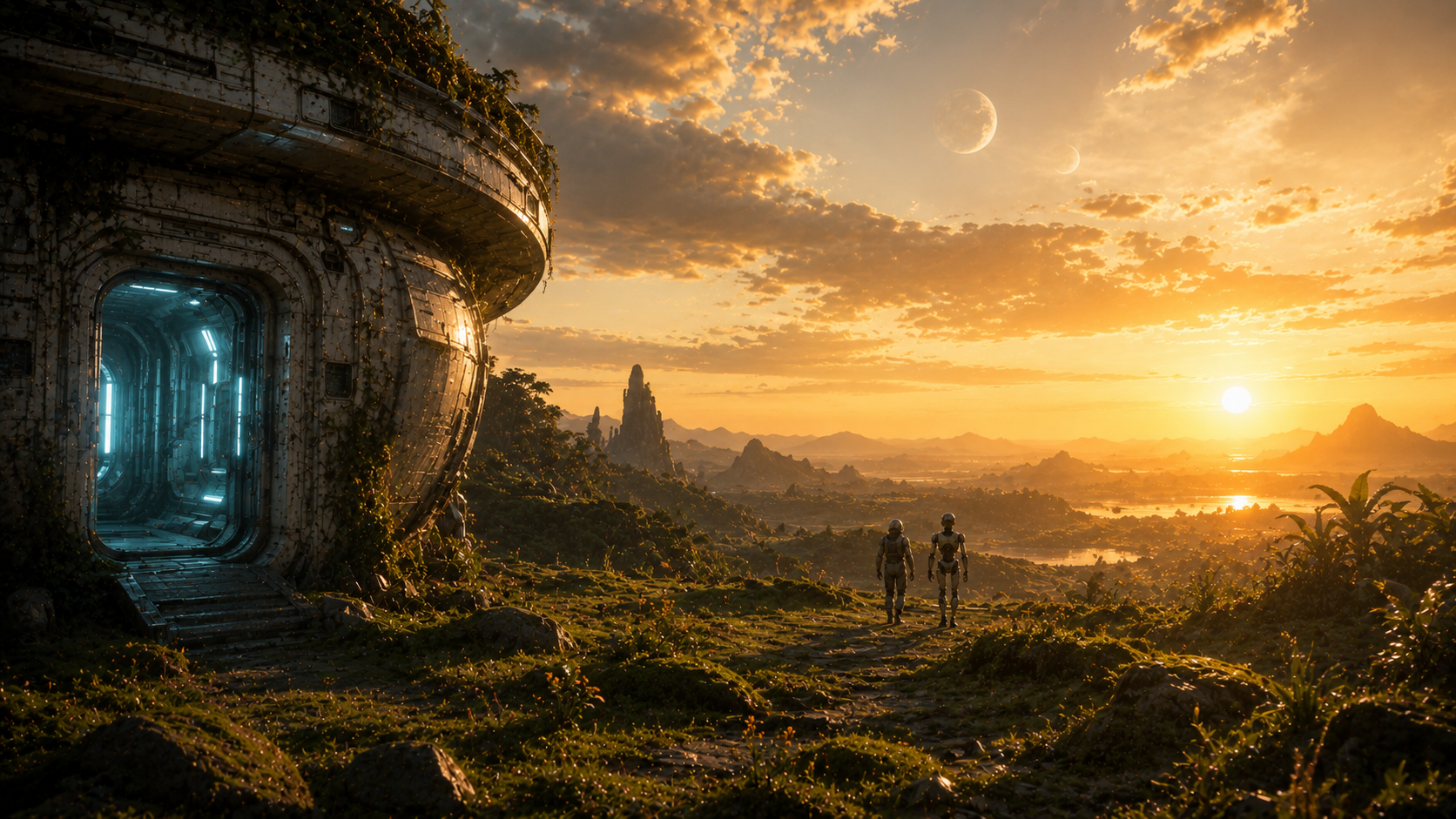 Two figures walk toward an alien sunset beside an overgrown spacecraft entrance.